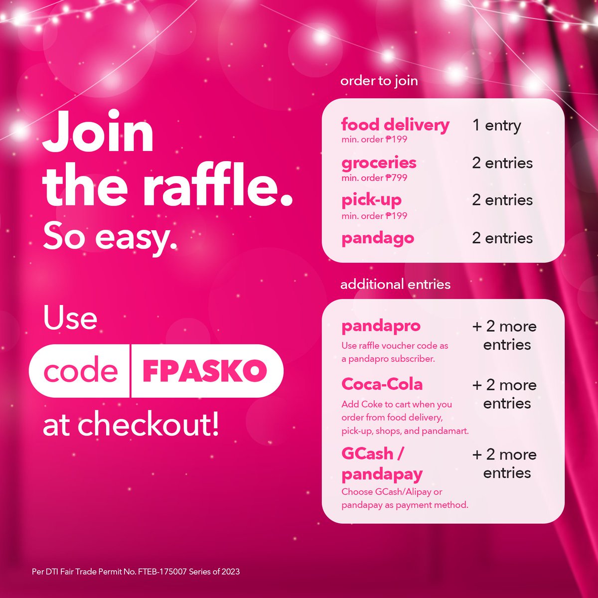 foodpandaPH's tweet photo. This Christmas, we’re bringing a whole new level of celebration. Expect the yummiest deals, a chance to win weekly prizes, and the grand prizes! ⭐

Use code FPASKO at checkout when you order. Order awaaaay~ #LiveLikeaPanda

https://t.co/CRv7lyTHYh https://t.co/dA9G9KCAQJ