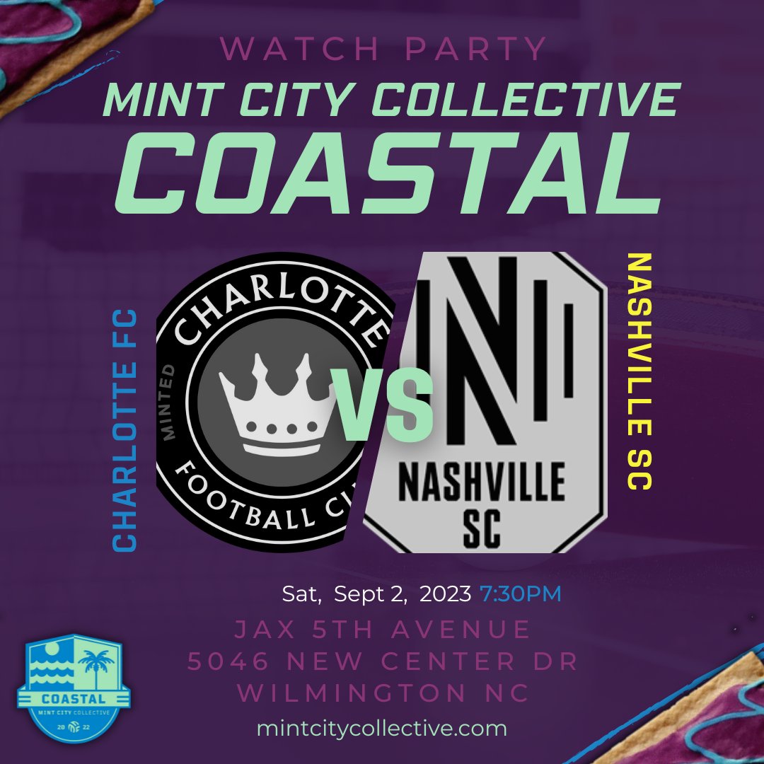 MCCcoastal's tweet photo. come out to Jax 5th Avenue in #Wilmington NC for the @CharlotteFC v @NashvilleSC match-up #watchparty and play the Confidence Pick'em for a chance to WIN... 
Sat Sept 2 @ 7:30pm
*must be present to win
@MintCityColl https://t.co/JETrzqL7vw