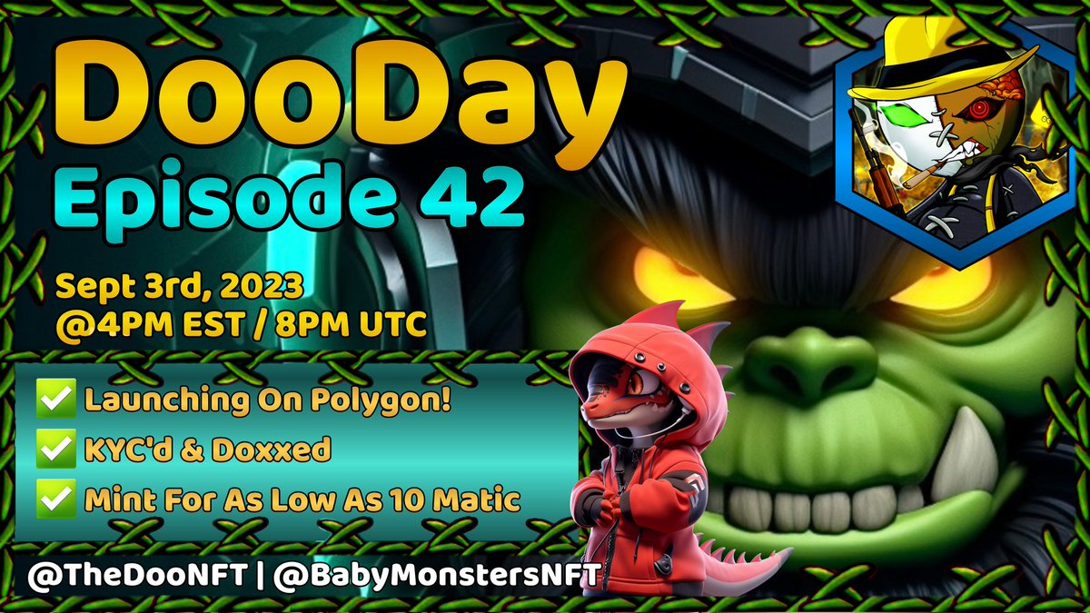 DrDoo_'s tweet photo. 📣 Get ready for a wild ride! @BabyMonstersNFT is unleashing Monster Madness on #Polygon! 🌊👾 Curious about this launch? Find out the details this #DooDay with @TheDooNFT! 🤩🔥

JOIN NOW 👇
https://t.co/OeoNGP661n

#Polygon #PushinP #PAYC #LWYS https://t.co/TAl4API7Uc