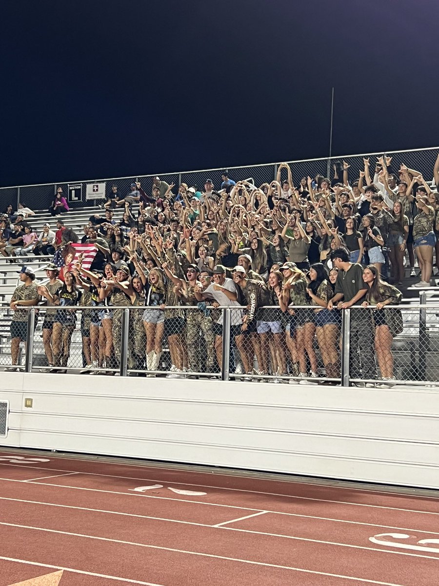 CassandraRRodr1's tweet photo. Our student section, lead by our Seniors, having a great time at tonight’s game! 
28-35 Mustangs in the lead! 
Gooooo Mustangs!! 🩵🏈💛 @Pride_Mustangs @McAllenMemorial @mustangs2024 #1PRIDE #Believe #camo https://t.co/EJezRaTsB1