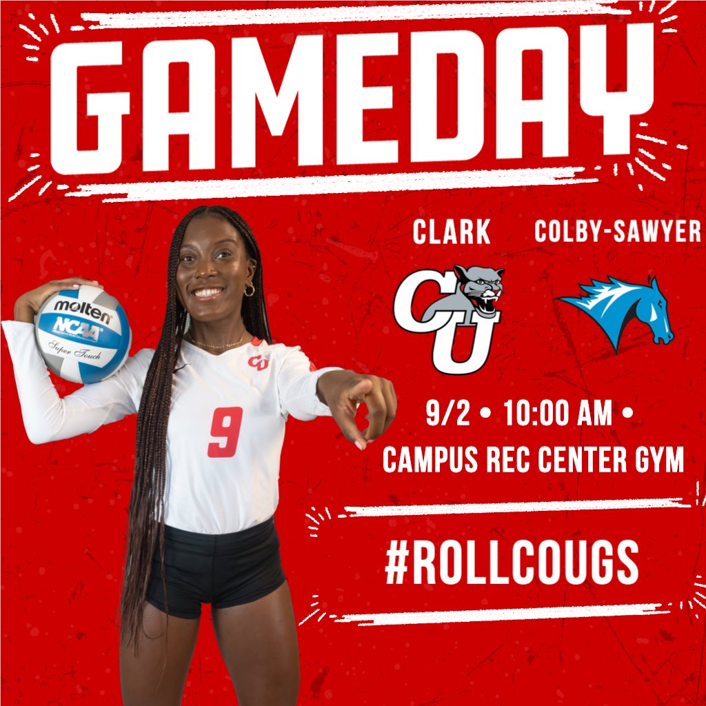 Clark_Vball's tweet photo. It's GAMEDAY!! Volleyball competes in a pair of matches in Bristol, RI today against Colby-Sawyer and Roger Williams!

⏰ 10:00 a.m./2:00 p.m.
📍 Campus Rec Center Gym
📹 https://t.co/7bQH5ea59R
📊 https://t.co/RzhIFQdo8n

#RollCougs https://t.co/mPqkNcVO77