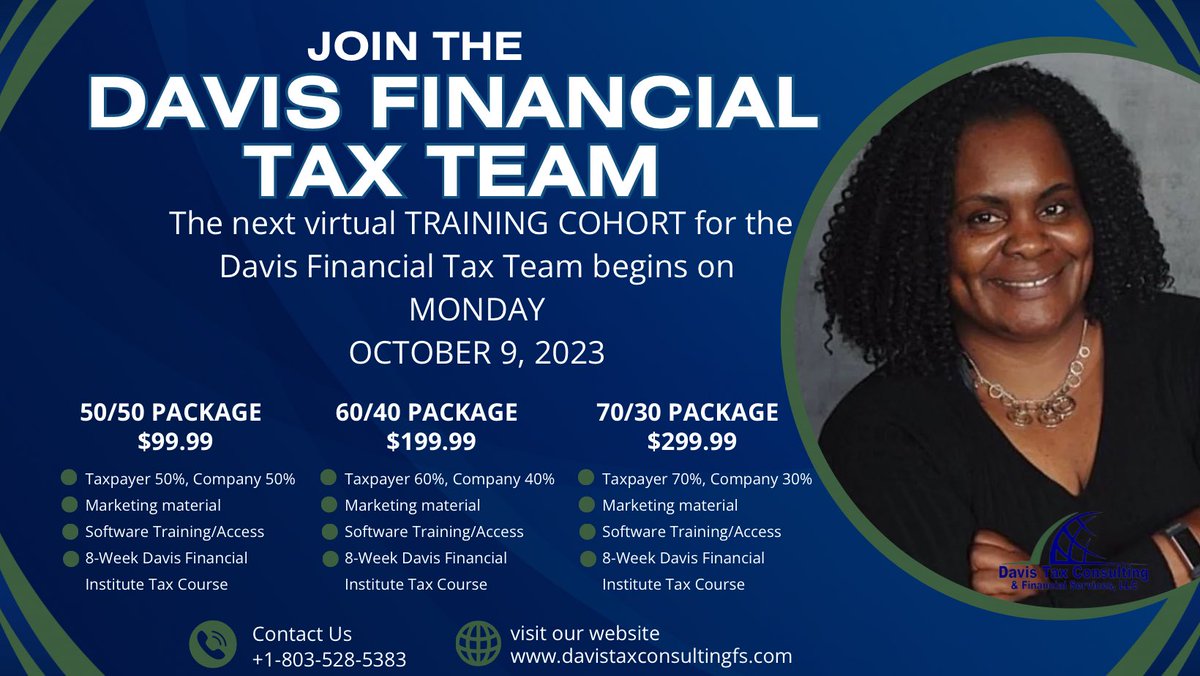 Super excited about adding new tax professionals to the Davis Financial Tax Team! Contact us at (803) 621-2850 or (803) 528-5383 to get started! Training starts on October 9, 2023! We offer more than taxes. We offer an experience!