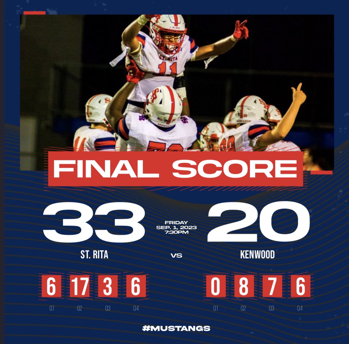 FINAL from Doyle Stadium! Mustangs beat Kenwood 33-20 and move to 2-0. #Mustangs