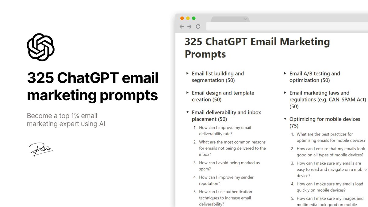 ChatGPT is a FREE email marketing assistant

But most people don't know how to unlock its potential

So I built 325+ prompts to help you become top 1% in email marketing

Normally $39, but next 24 hrs it's FREE!

Get it:

1. Follow me (so I can DM)
2. Retweet this
3. Reply "SEND"