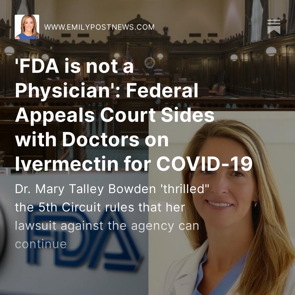 “FDA is not a Physician”

Federal Appeals Court Sides with Doctors @MdBreathe et al on Ivermectin for COVID-19 
 
Read the big news here: emilypostnews.com/p/fda-is-not-a…