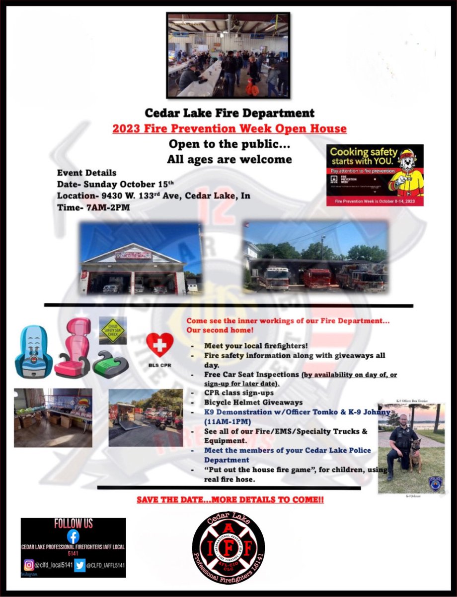 CLFD_IAFFL5141's tweet photo. Save the date…@TownOfCedarLake 
@CedarLakePolice https://t.co/tM8QJuq4fQ