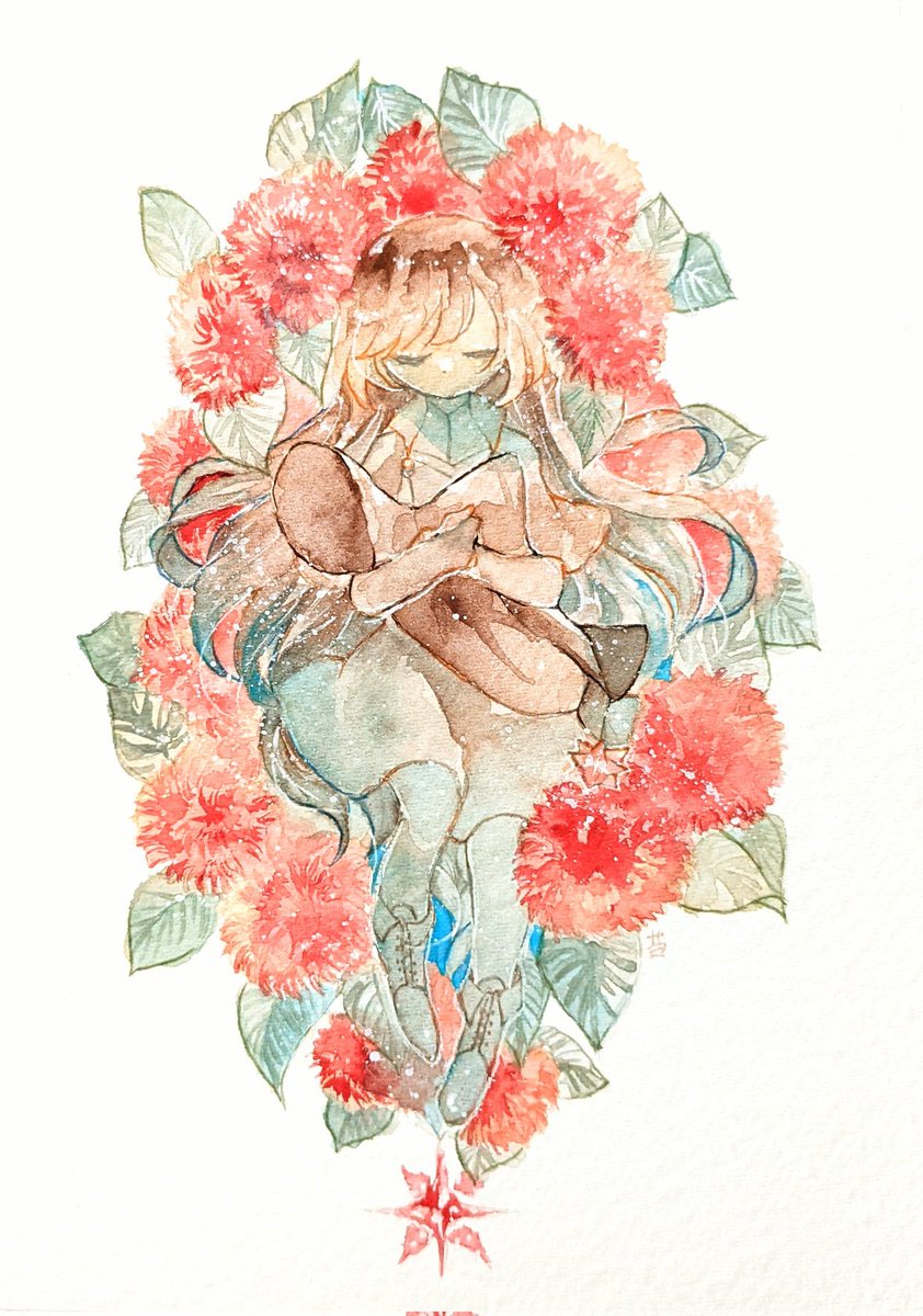 1girl solo closed eyes long hair flower white background red flower  illustration images