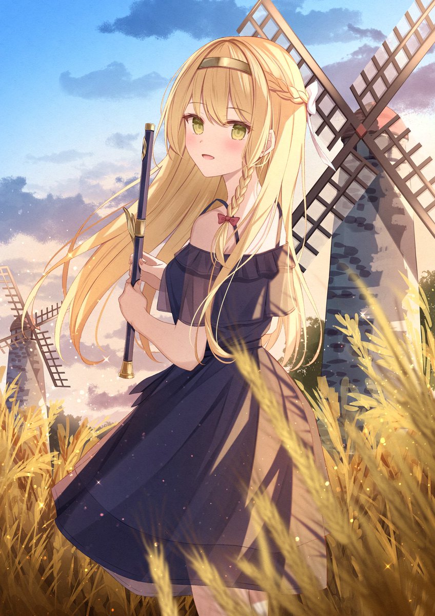 1girl solo dress outdoors blonde hair long hair braid  illustration images