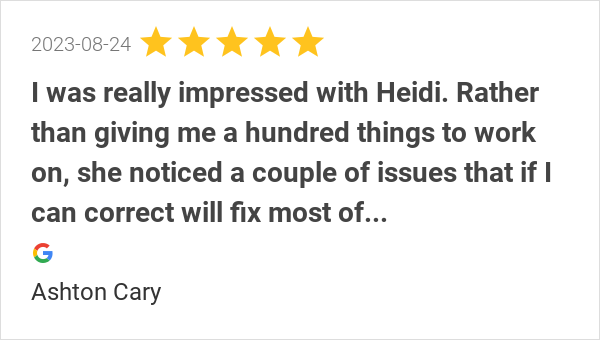 goheidimitchell's tweet photo. New 5.0-star Review: "I was really impressed with Heidi. Rather than giving me a hundred things to work on, she... https://t.co/ry6ZXhDUkf