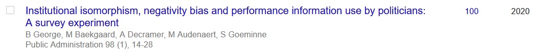 Our experiment in @journal_pa made 100 citations! With @MartinBaekgaard, @AdelienDecramer, @AudenaertMieke & Goeminne. We used real performance info to identify whether benchmarks increased intended adoption of that info by politicians. Still #OpenAccess onlinelibrary.wiley.com/doi/full/10.11…