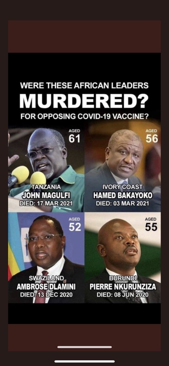 🚨🚨🚨Did you know that all 4 of these African leaders died under mysterious circumstances? You know what was the one thing they had in common? They all didn’t allow their citizens to take the #Covid #Vaccine - Absolute heroes🔥❤️

President Magufuli used the PCR TEST and showed