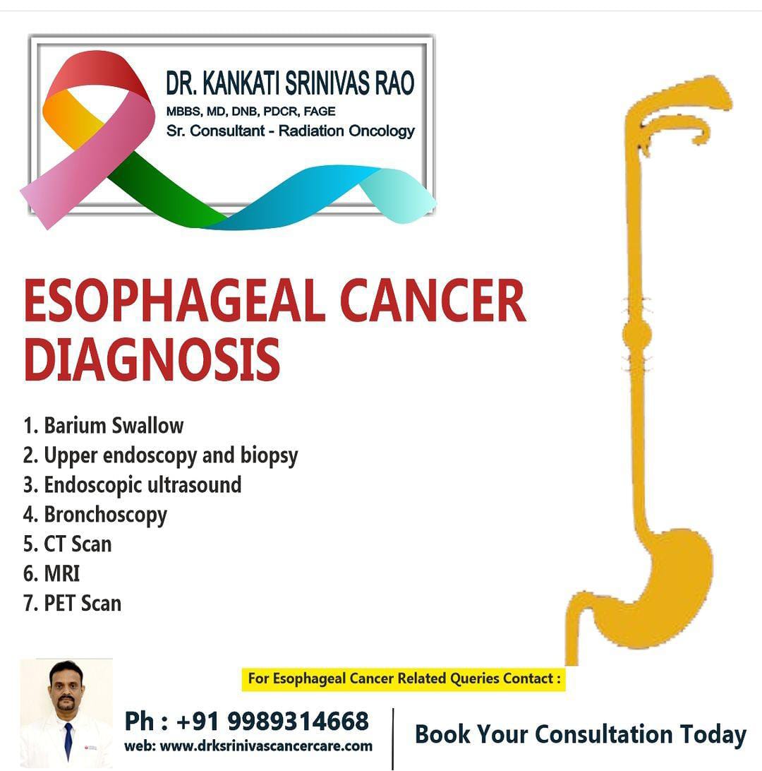 ESOPHAGEAL CANCER DIAGNOSIS ▪️ Barium swallow ▪️ Upper endoscopy and biopsy ▪️ Endoscopic ultrasound ▪️ Bronchoscopy ▪️ CT scan ▪️ MRI ▪️ PET scan #drsrinivasrao #cancer #esophagelcancer #cancercare #symptoms #diagnosis #cancertreatment #excercise #oncology #radiation