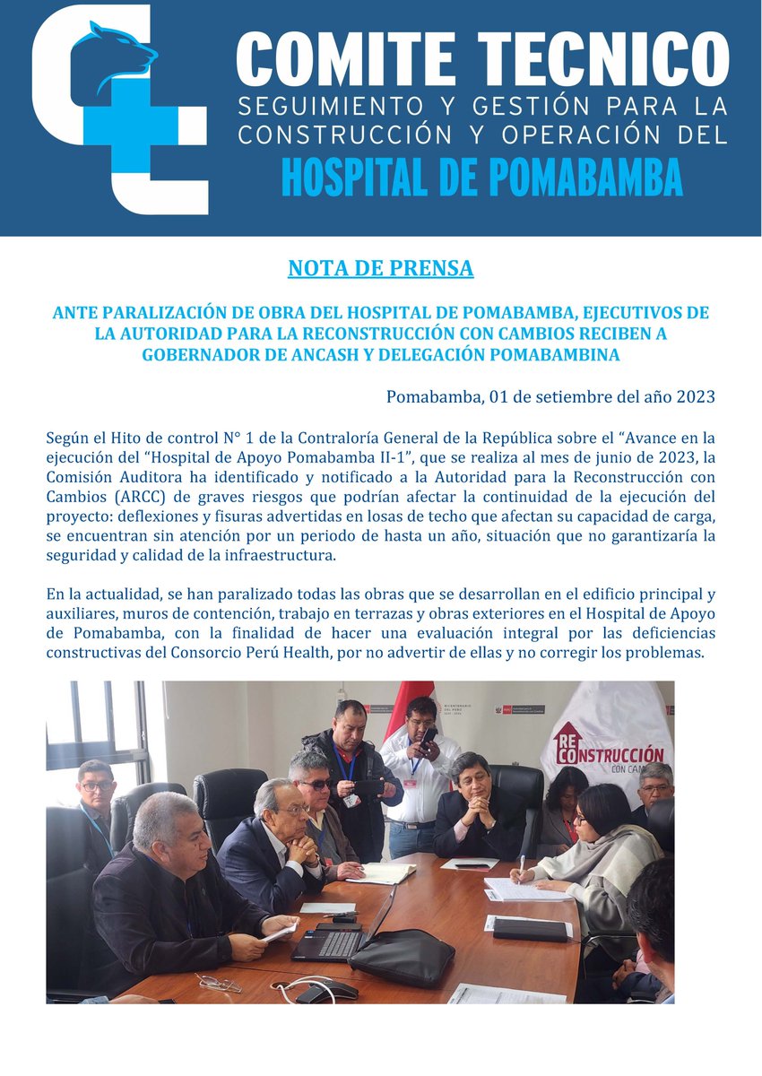 ComiteTecnico's tweet photo. Ante paralización de obra del Hospital de Pomabamba, ejecutivos de la Autoridad para la Reconstrucción con Cambios reciben a gobernador de Ancash y delegación pomabambina @EdwinSantosE @AutoridadRCC @pcmperu https://t.co/1M1oK2aXSK