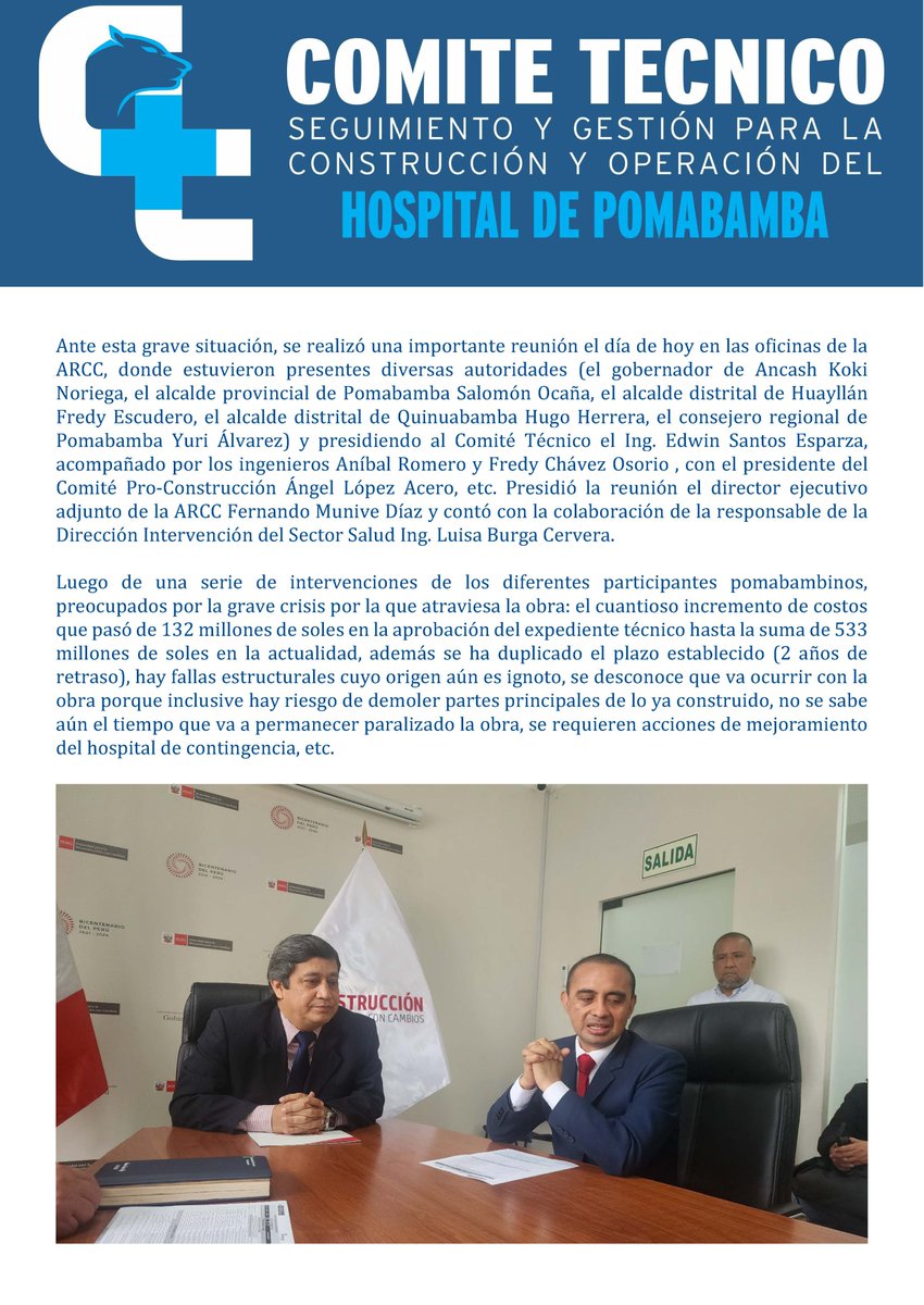 ComiteTecnico's tweet photo. Ante paralización de obra del Hospital de Pomabamba, ejecutivos de la Autoridad para la Reconstrucción con Cambios reciben a gobernador de Ancash y delegación pomabambina @EdwinSantosE @AutoridadRCC @pcmperu https://t.co/1M1oK2aXSK