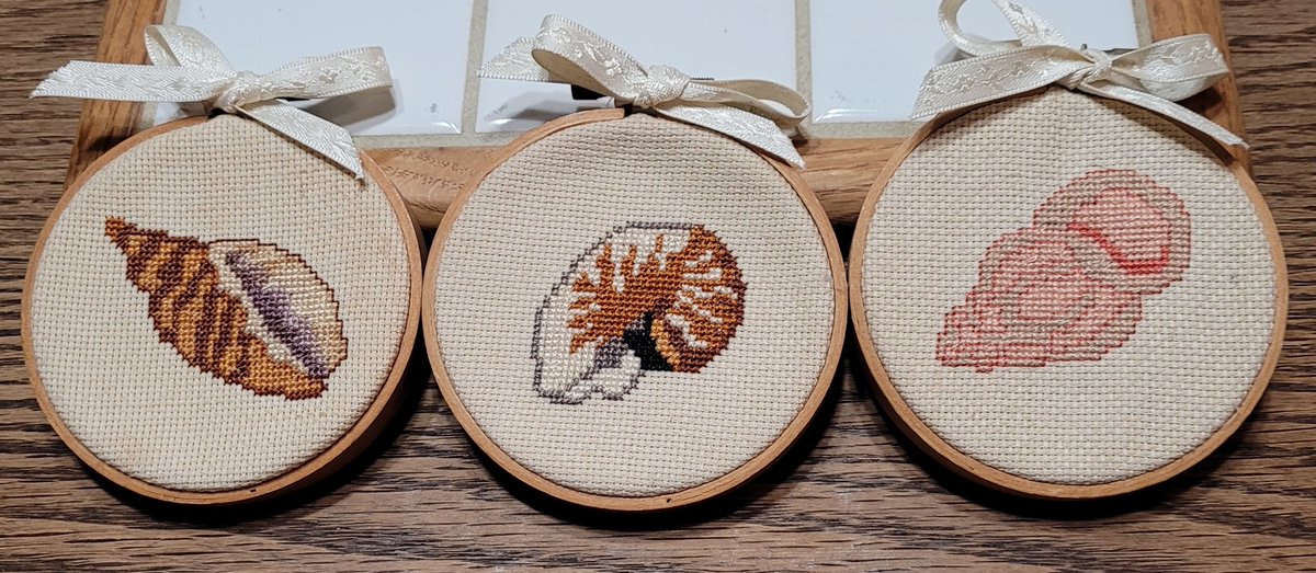 SeeingTwo's tweet photo. #FridayNightFind
2/2 A trio of 3" sea shell cross stitch pieces. I couldn't find anything about the patterns. I think they're pretty old. The hoops feel like petrified wood. They're pretty dingy, but I don't want to disturb the glue & it gives them charm. https://t.co/FQHz7qkQwh