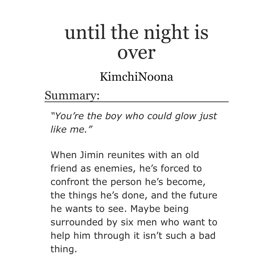 mochiskooo's tweet photo. 「 until the night is over 」🔞

🔥 jm x everyone
🔥 superpower au
🔥 angst/fluff/feels
🔥 happy ending
🔥 chaptered

“you’re the boy who could glow just like me”

https://t.co/8FlMnrEPxc

for @super7fest https://t.co/SGeHQsRKRO