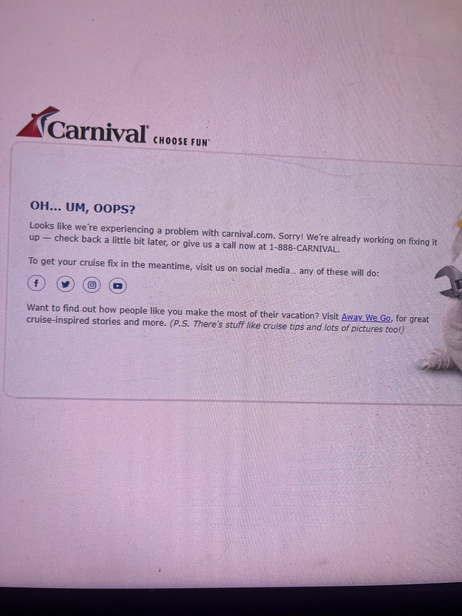 ressaky12's tweet photo. @CarnivalCruise as much money as you guys have, your server should NOT crash while you e check in! 45 minutes in and this???! #carnivalcruises https://t.co/lta6OKaXP6