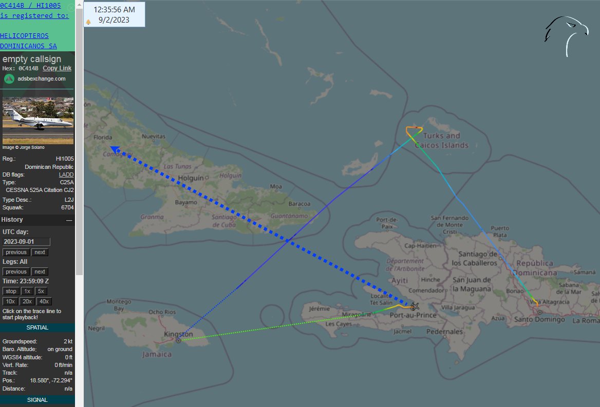 FlconEYES's tweet image. 🚨Cessna Cessna 525A

#HELIDOSA la aerolínea favorita de los narcocomunistas oligarcas para trasladarse en el #Caribe sin llamar la atención.

HI1005 | 0C414B | #SQUAWK: 6704

Luego de una movida tarde: 
#Habana-#SantoDomingo-#TurksandCaicos-#Kingston-#PuertoPríncipe…