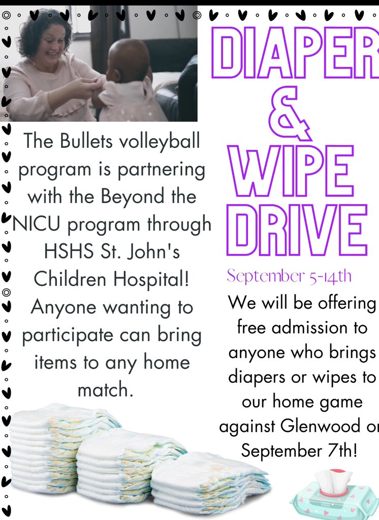 The Bullets 🏐 program is partnering with The Beyond the NICU program to sponsor a diaper and wipe drive September 5th-14th.  We will be offering free admission to our match again Glenwood on Sept. 7th for anyone who brings diapers or wipes to donate!