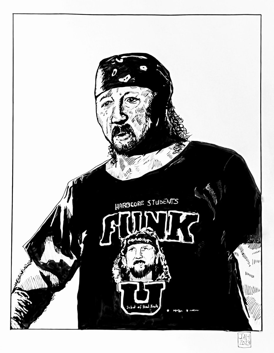 Terry Funk (June 30, 1944 – August 23, 2023) Micron  pen, white jelly roll pen, ink wash on 11”x 15” watercolor paper   #ink #wrestling #prowrestling #Hardcorechampion #terryfunk #sketch #sketching