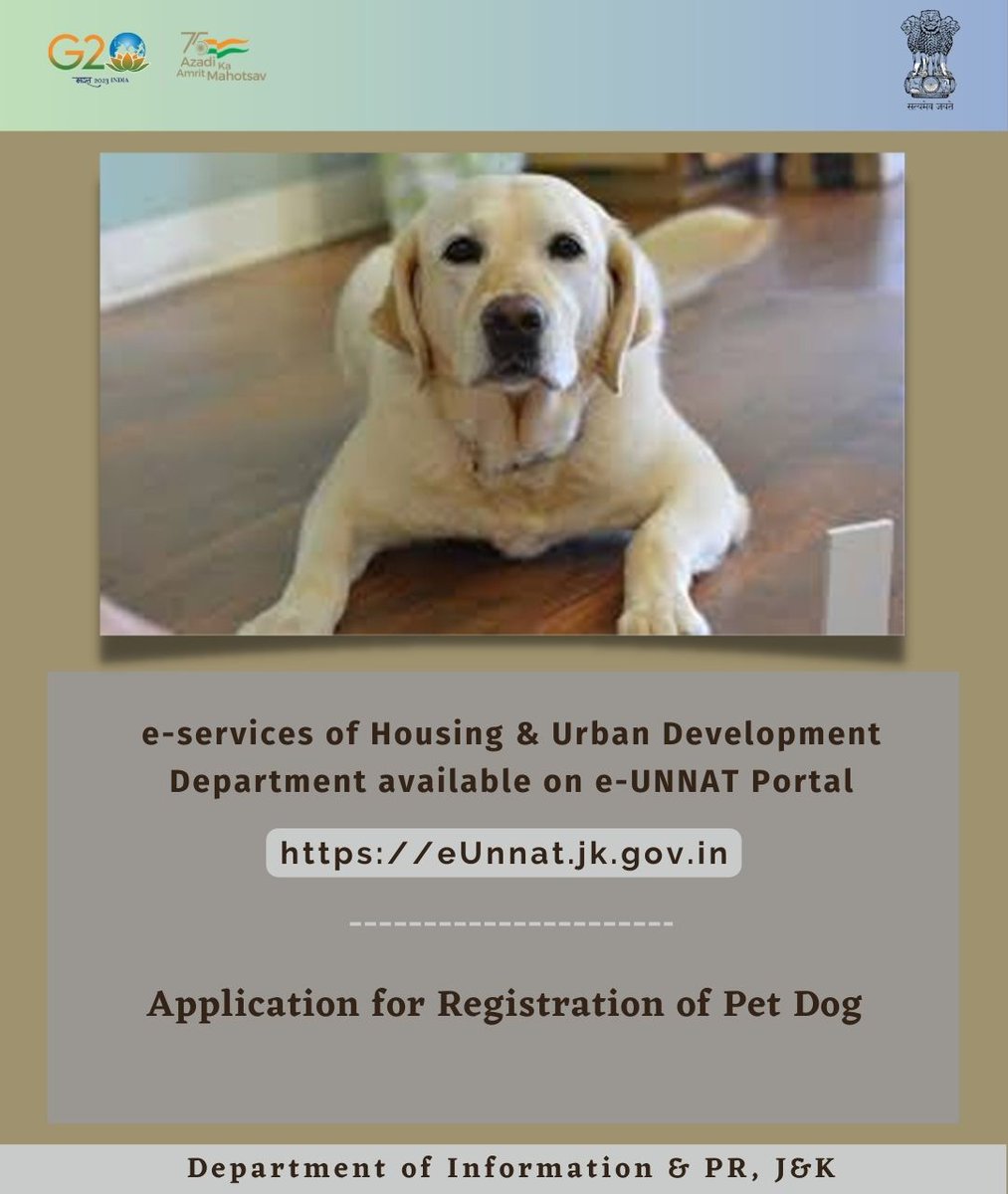 dioudhampur's tweet photo. #DigitalWeekJK
#SayYesToDigital
If you have a pet dog at home, you need to apply for its registration to Housing & Urban Development Department by applying online at e-UUNAT Portal https://t.co/EMT7Uz9zzy also
@diprjk
@ddnewsSrinagar
@PIBSrinagar
@ddnews_jammu https://t.co/PlnT3bEYCQ