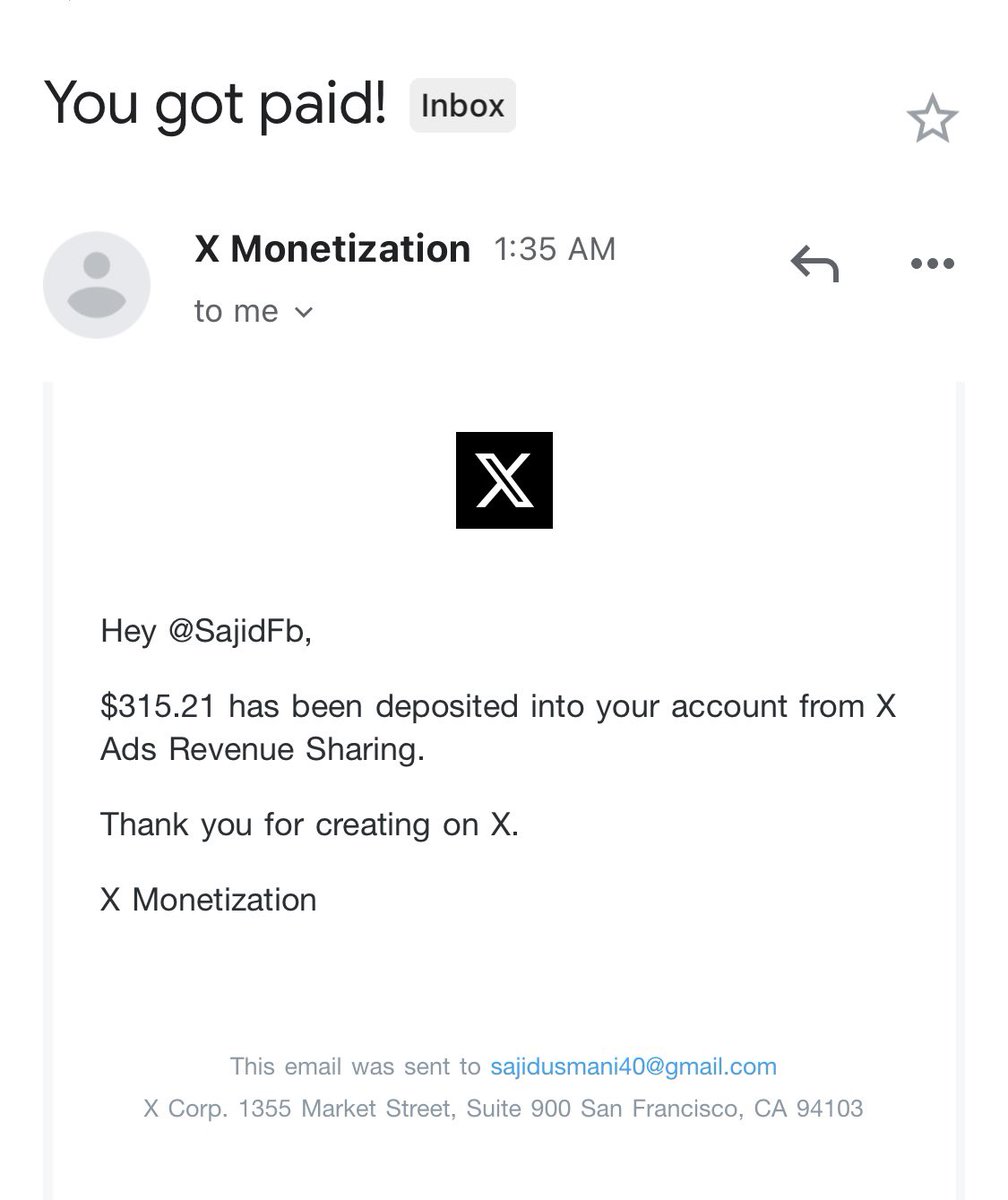 First payment from <a href="/X/">X</a> Twitter. 
Thank you <a href="/elonmusk/">Elon Musk</a> 😀😃😀