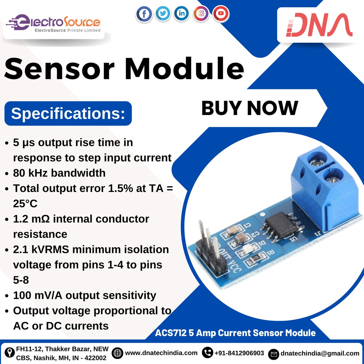 dnatechindia's tweet image. Sensor Module
ACS712 5 Amp Current Sensor Module
#sensormodule #module #inputcurrent #output #rise #totaloutput #error #internalconductor #resistance #isolation #voltage #pins #outputsensitivity #proportional #acanddc #currents #electronics #componenteselectronicos #components