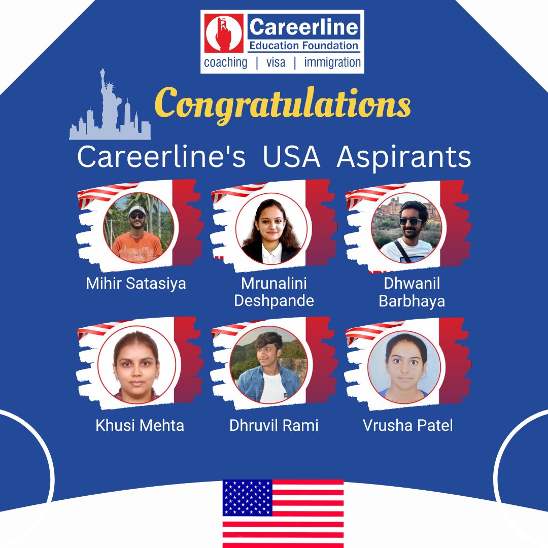 Congratulations to all these students Mihir Satasiya, Mrunalini Deshpande, Dhwanil Barbhaya, Khusi Mehta, Dhruvil Rami and Vrusha Patel for getting their USA Student Visa & Thank you for considering us as your trusted Student Visa Consultant.