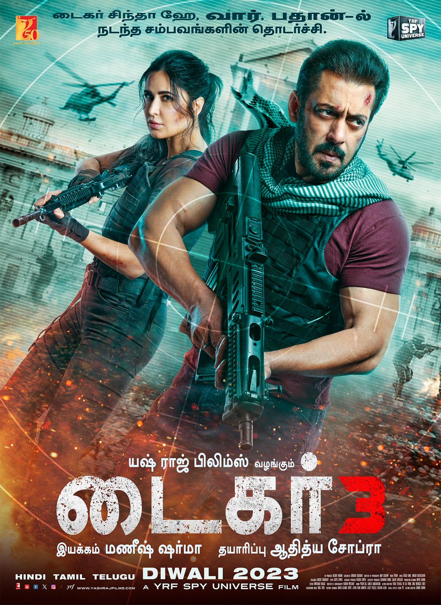 yrf's tweet photo. Thrice the action. Thrice the excitement. Thrice the thrill. #Tiger3 arriving on Diwali 2023. Celebrate #Tiger3 with #YRF50 only at a big screen near you. Releasing in Hindi, Tamil and Telugu. https://t.co/YmZo6s3Xow