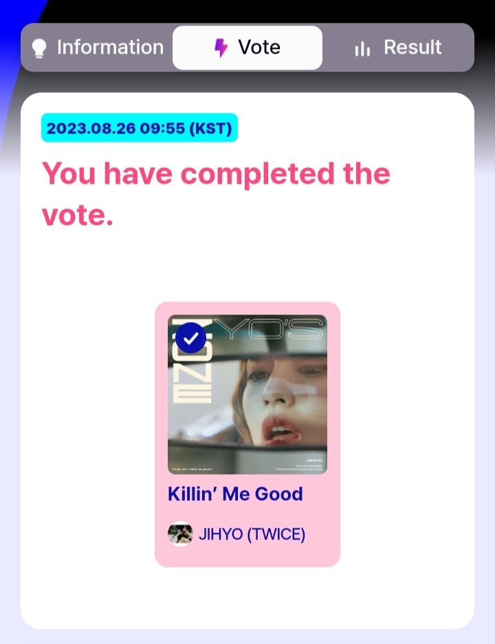 ONCE!! Pre-voting MCOUNTDOWN sedang berlangsung sekarang 
Ayo Vote KILLIN ME GOOD 🔥
-
Vote🗳️ : mnetplus.world
-
Voting berakhir🗓️ : 22.00 WIB 28 Agustus 2023
-
5 akun/IP Address/Hari
-

Kalau ada pertanyaan boleh DM atau reply #JIHYO <a href="/JYPETWICE/">TWICE</a>