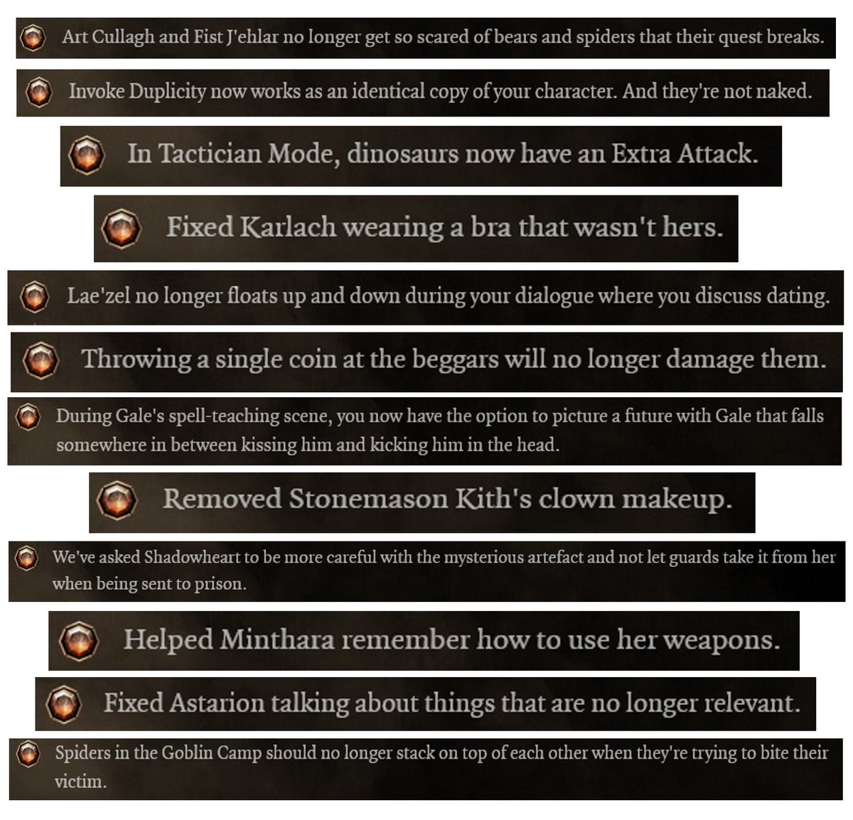 MothNessMonster's tweet image. Some of my favorites from the recent BG3 patch notes.