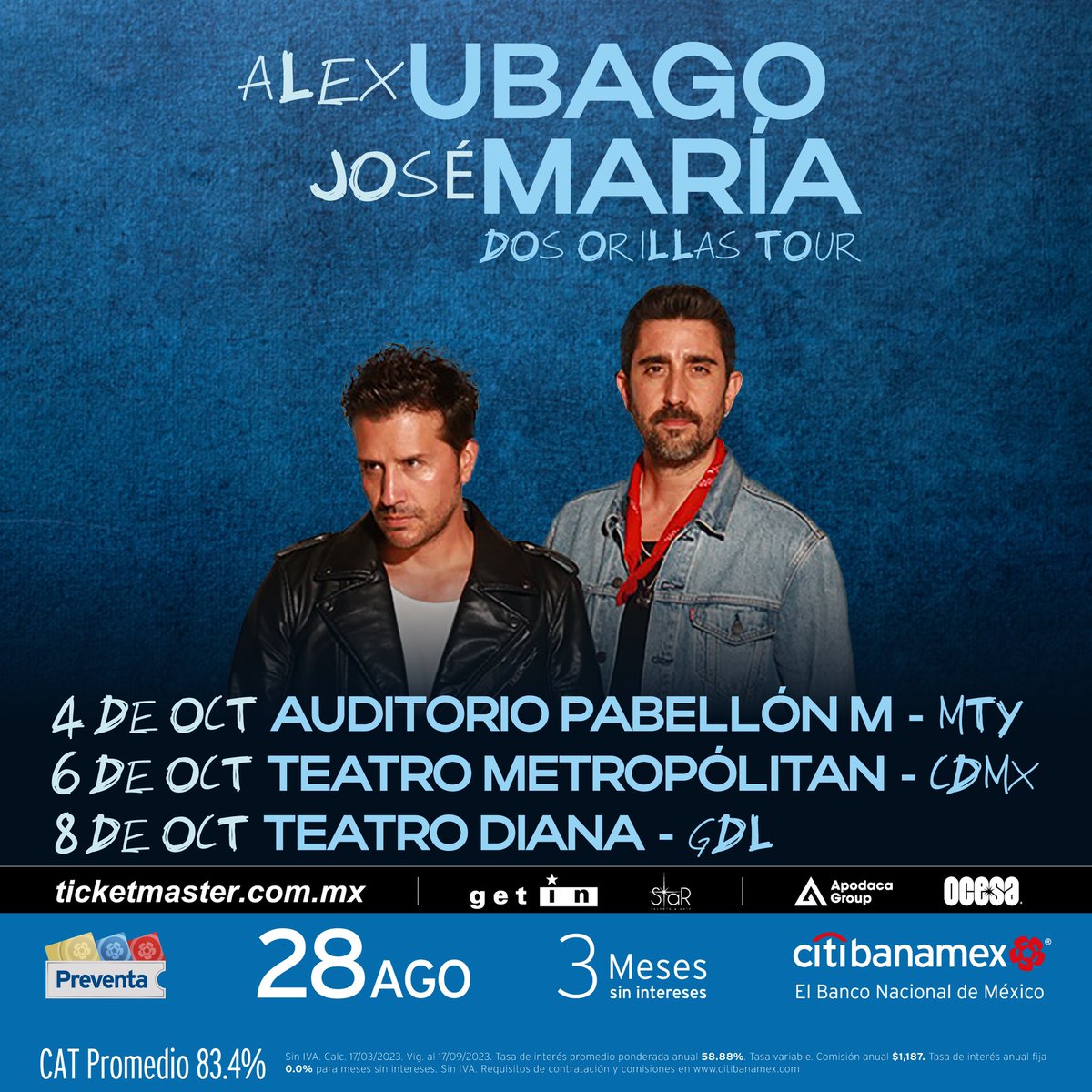 ¡<a href="/AlexUbagoficial/">Alex Ubago Oficial</a> y <a href="/josemaria_ru/">José María RU</a> llegan con #DosOrillasTour a MTY, CDMX y GDL! ✨ ¡Nos regalarán noches mágicas y llenas de muchas sorpresas! 💙🤝🏻

#PreventaCitibanamex: 28 de agosto.
Venta general a partir del 29 de agosto.