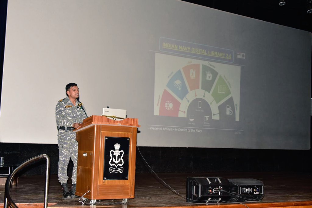 IN_HQSNC's tweet photo. Committed to #DigitalTransformation,an awareness workshop on Indian Navy Digital Library(INDL 2.0) was conducted at #SNC. Unique features &amp; E-resources of #INDL platform &amp; its mobile App MyLOFT providing seamless and secure access was demonstrated. #IndianNavy
#DigitalIndia https://t.co/yGK6qvmmuJ