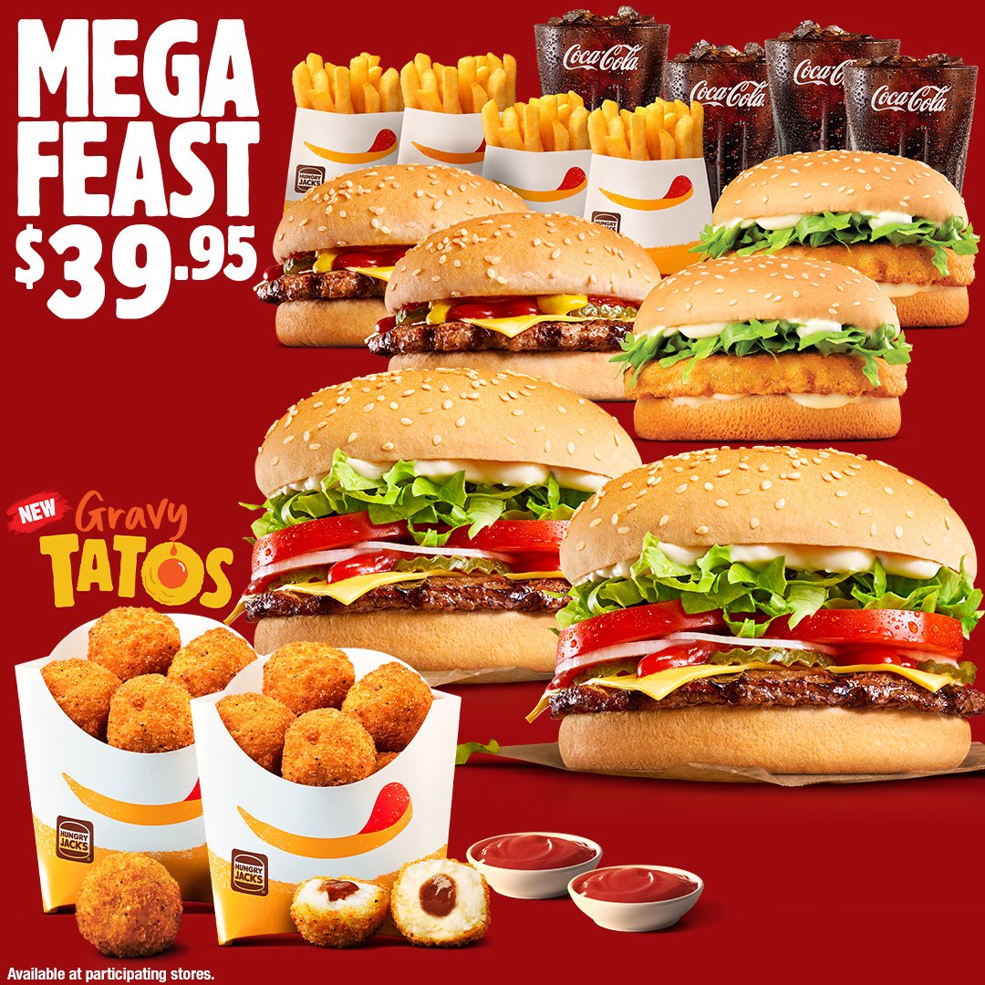 Mega feast, mega value! Treat the whole family to our $39.95 Mega Feast with NEW Gravy Tatos. 🍔🤤 Get 2 Whopper Cheese, 2 Chicken Royale burgers, 2 Cheeseburgers, 4 Small Chips, 4 Small Drinks and 12 Gravy Tatos. Pick-up and delivery prices may vary. Small Bundle option shown.