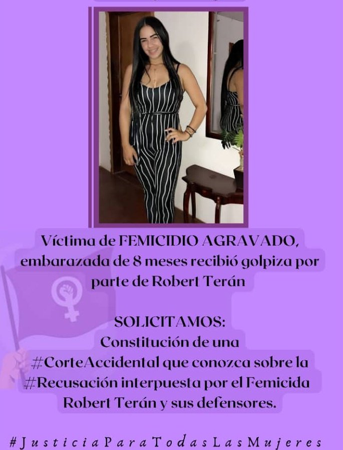 manuelita1504's tweet photo. #25Ag
Giannelly Pirrongelli
(Embarazada de 8m)
#Femicidio #Bolívar
23/9/20
Recibió golpiza de #RobertTerán(pareja)
25/9/20
Mueren madre e hijo
20/4/22
Terán recibe 30a de #SentenciaCondenatoria
Defensa APELÓ y RECUSÓ a #CorteDeApelaciones
aún sin DECISIÓN
PEDIMOS
#SentenciaFIRME https://t.co/xtZ4ZEqCIT