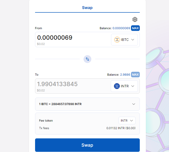 RealityEmma's tweet photo. My experience using @InterlayHQ Bitcoin DeFi Hub via @subwalletapp was amazing!
I never thought swapping could be so swift. In few seconds, I was able to swap from iBTC to INTR on the platform with ease.
Attached is a screenshot of my transaction.
#TrueBitcoinDeFi #SubWallet https://t.co/IyfSK6KuDZ