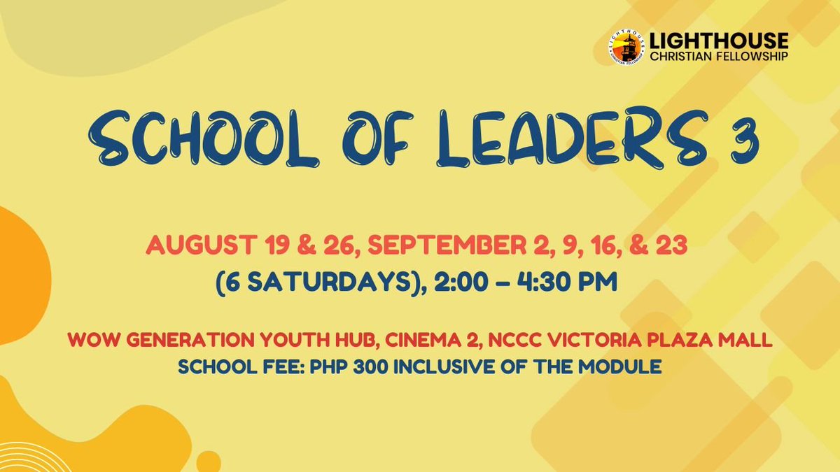 lighthousedavao's tweet photo. Another chance of learning is knocking. Let us all respond to our God given calling and be the all-out leader for God's glory. Enrollees are still welcome for SCHOOL OF LEADERS 3! Truly, there is no greater satisfaction than fulfilling our God-given mission! 🙌❤️
#SOL3 https://t.co/YjQXSccaHy