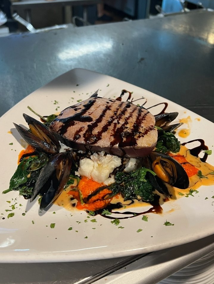 Surf and Surf @ Whiskey Jax AB
Fresh seared tuna, sauteed mussels, Sauce Nantua, mashed potatoes, wilted spinach, red pepper coulis
ONLY 23. Specials served until 10 PM.