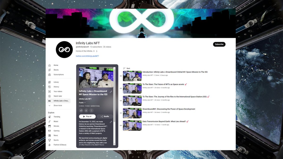 InfinityLabsNFT's tweet photo. Hey explorers!💫

The Infinity Labs x @dreamboundio  M1 Video Content Playlist just dropped on YouTube.

Relive this unforgettable space mission where we sent tons of amazing art, digital artifacts, and stories around the Earth and to the neighboring stars with some of our friends in the Web3 Space.

Check it out here: https://t.co/ZokpvkKK8O