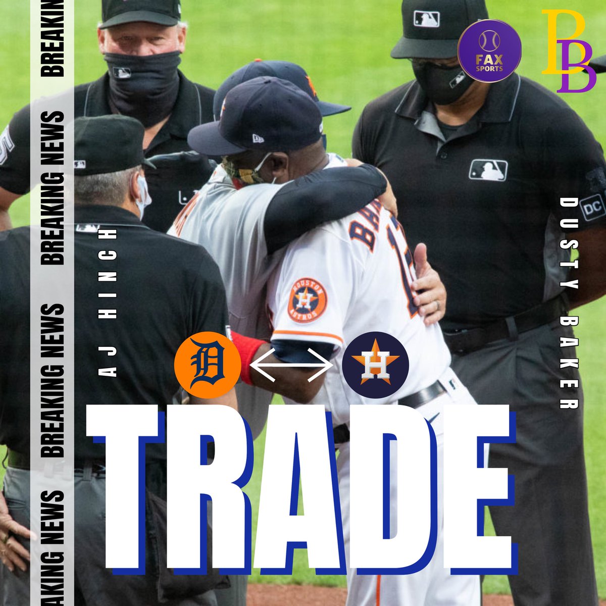 MLBONFAX's tweet photo. BREAKING: The Houston Astros are acquiring AJ Hinch from the Detroit Tigers for Dusty Baker, per sources. https://t.co/WcVYSvVnwO