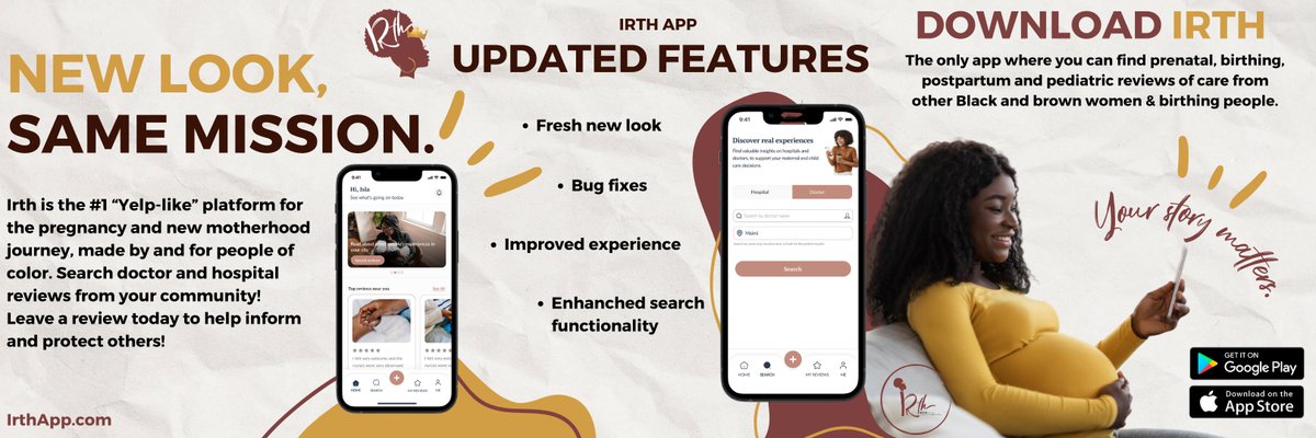 IrthApp's tweet photo. New look, same mission! 🥰😍🤳🏾   Head over to the App Store or Google Play 📲 and check out these updates in English and Spanish: 
✨ Fresh new look
🚀 Smoother experience
🔍 Enhanced search functionality
 #BirthWithIrth #IrthApp https://t.co/1JlU1gs0Ru