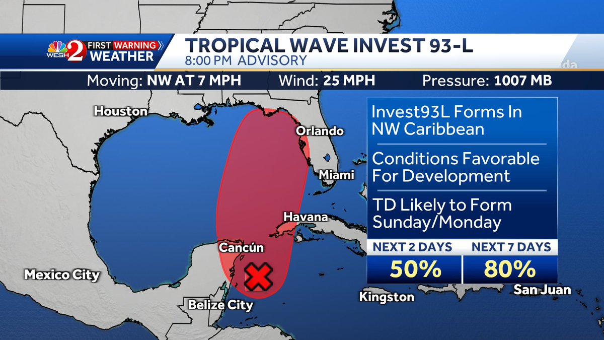 TMainolfiWESH's tweet image. Here's the very latest on #Invest93 which is likely to bring tropical trouble our way Late Tuesday into Wednesday. Stay with @WESH as we continue to iron ou the impacts. #weshwx
