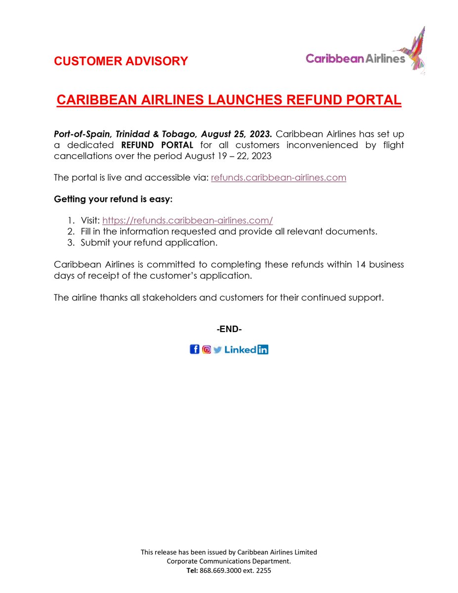 iflycaribbean's tweet photo. Port-of-Spain, Trinidad &amp; Tobago, August 25, 2023. Caribbean Airlines has set up a dedicated REFUND PORTAL for all customers inconvenienced by flight cancellations over the period August 19 – 22, 2023
The portal is live and accessible via: https://t.co/bqDIuwhyFg https://t.co/sZoLTN0IUm