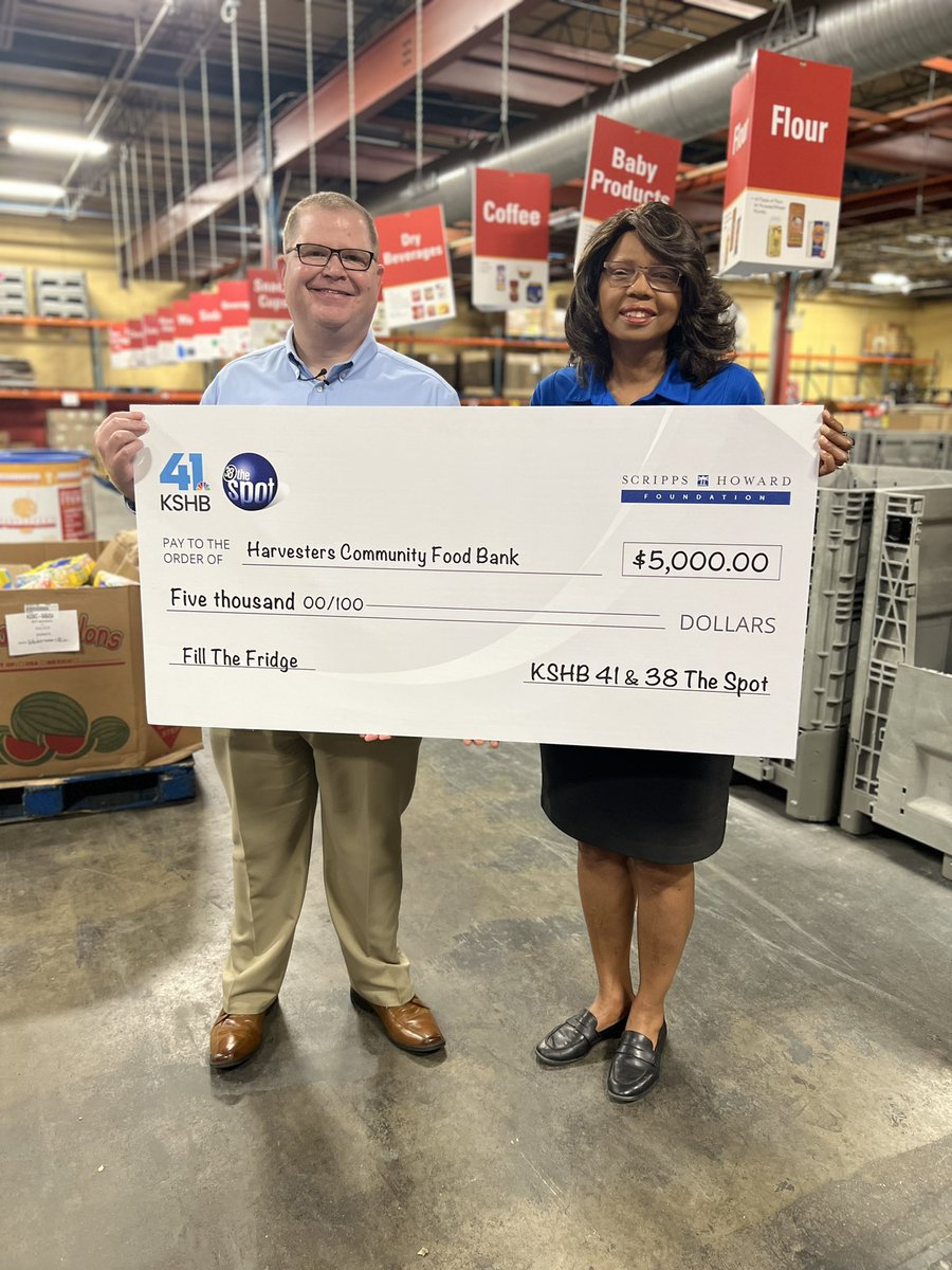So happy to present a $5,000 check to  <a href="/HarvestersORG/">Harvesters—The Community Food Network</a> on behalf of <a href="/KSHB41/">KSHB 41 News</a> and <a href="/38TheSpot/">38TheSpot</a>.  CEO Steven Davis told me the money will provide 10,000 meals!  Please visit <a href="/HarvestersORG/">Harvesters—The Community Food Network</a>  to donate though Saturday.  Harvesters will buy meat and produce for people in need in KC area