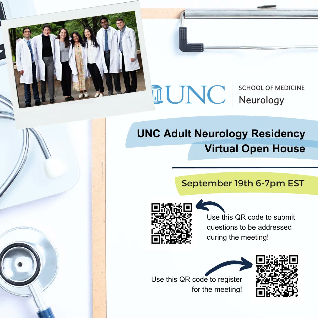 Join us on September 19th from 6pm-7pm EST for our UNC Adult Neurology Residency Open House! Submit questions here ahead of time: buff.ly/44mdpqd and register here: buff.ly/3YPpnaO @NMatch2024 and @MatchNeuro #NeurotwitterNetwork #MatchNeuro #Neurology #Resident