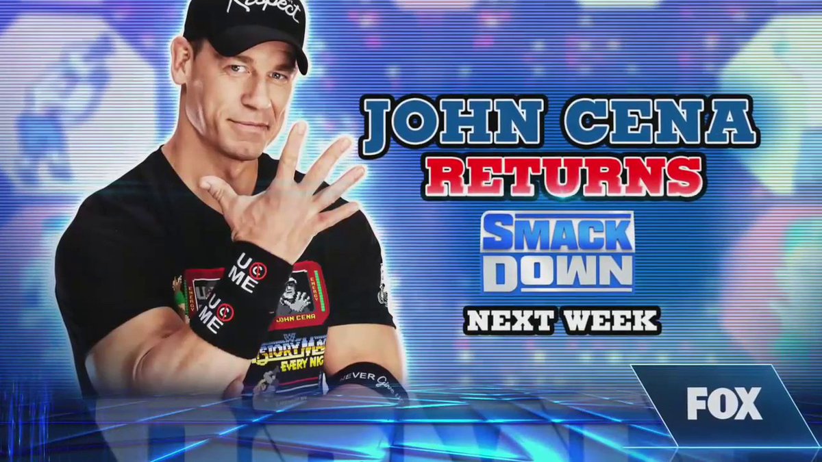 WWEonFOX's tweet photo. Next week on SmackDown, @JohnCena returns!

#SmackDown https://t.co/ULPbYPfbrO