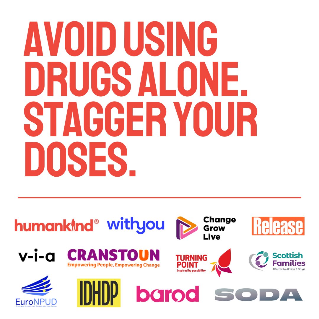 For the 2nd day of #IOAD23 lead up: 🤗AVOID USING ALONE Try not to use drugs alone & MAKE SURE your friends aren't alone either. ⏳STAGGER YOUR DOSES IF YOU CAN If one person takes their hit first, wait until the peak effects have worn off before the other person uses.