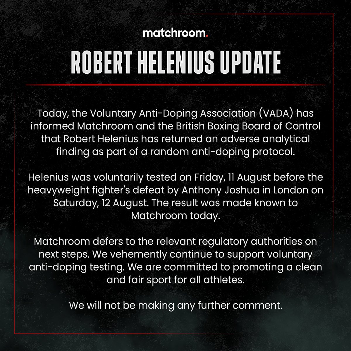 MatchroomBoxing's tweet photo. ℹ️ Official statement on Robert Helenius https://t.co/OuZX9wXKOV