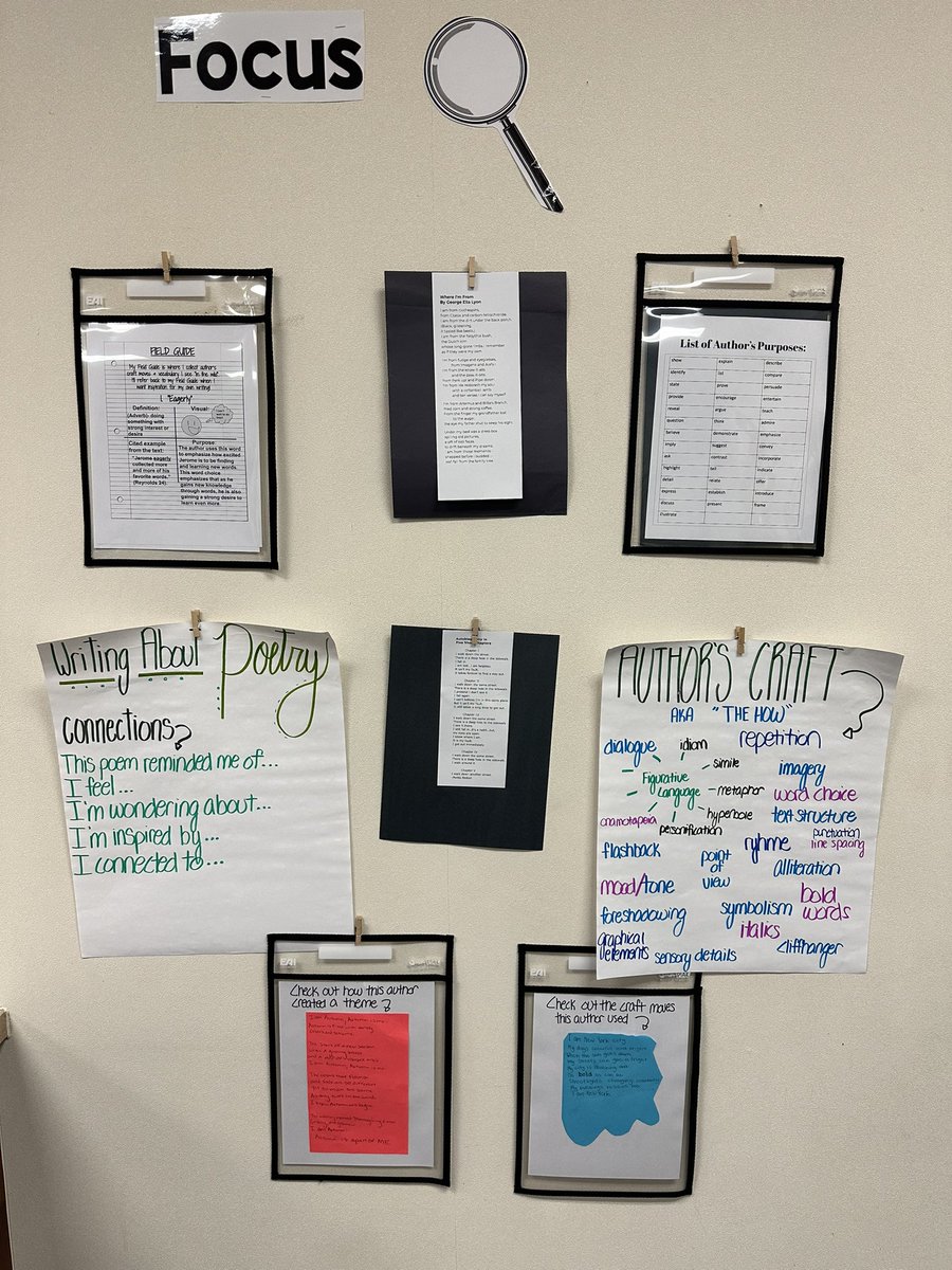 nelsonreads's tweet photo. #focuswall for the week
Included are mentor poems we analyzed and used for inspiration, anchor charts we created as a class, and some awesome student examples of craft. Students also dived into a taste of giving feedback to each others writing! https://t.co/MaCCTnfwxN