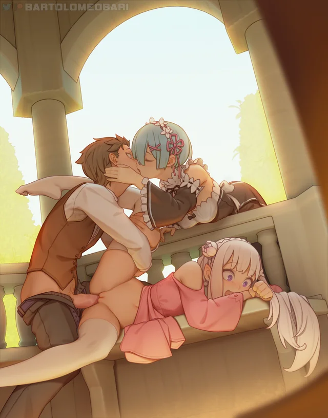Play_Giirls's tweet photo. Rem, Emilia and Natsuki Subaru.